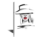 TISHIRON Póster de mujer con labios rojos en sombrero, dibujo de retrato en blanco y negro, arte de pared para sala de estar, dormitorio, baño, oficina (mujer, 14, 12 pulgadas de ancho x 18 pulgadas