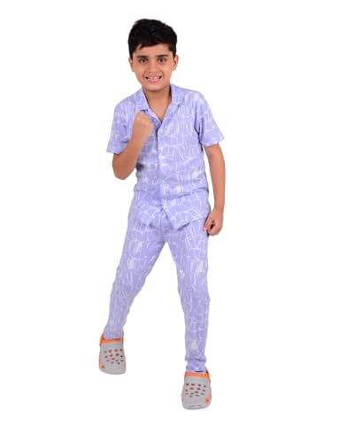 Image of 3BROS Unisex Pure Cotton Short Sleeve Kids Night Dress for Boys & Girls Nightwear /Sleepsuit /Sleepwear /Loungewear Night Suit for Boys and Girls Top and Pyjama Combo Set | JB20HS6031-Parent