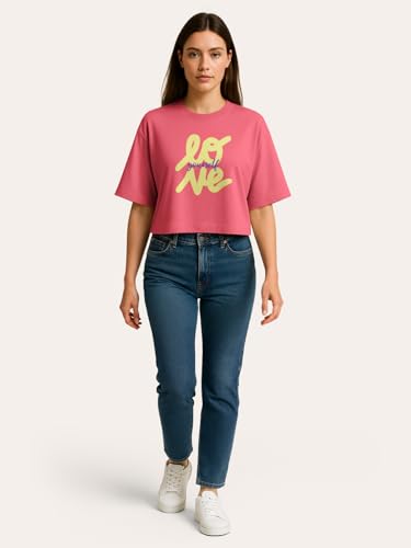 Image of HELLCAT Beige Printed Loose Fit Crew-Neck Crop T-Shirt for Women