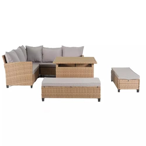 EGO INTERIORS Möbelset für Garten oder Terrasse – Sofa, 2 Bänke und quadratischer Tisch, Polyrattan, Santorini