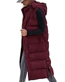 BTFBM Long Puffer Vest Women Quilted Hooded Button Down Zip Up Sleeveless Vests Outerwear Padded Jacket Fall Winter Coat(Wine Red, Small)