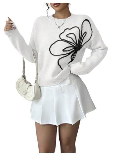 Image of RoseSeek Women's 3D Floral Appliques Crewneck Sweaters Long Sleeve Drop Shoulder Pullovers Elegant Knit Tops