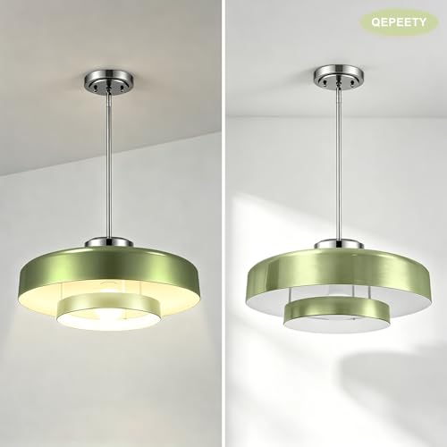 Image of Mid-Century Modern Sage Green Hanging Lamp, Brushed Metal Shade Kitchen Island Pendant Light Adjustable Ceiling Light for Living Room, Dining Nook, Bedroom