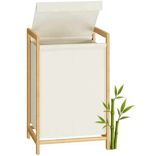 SONGMICS Cesto Portabiancheria 2 Scomparti, Cesta Porta Biancheria Sporca, Struttura in Bambù, Coperchio Rinforzato e Rimovibile, Sacco Rimovibile, 100 L, Bianco Crema RLH102WD01