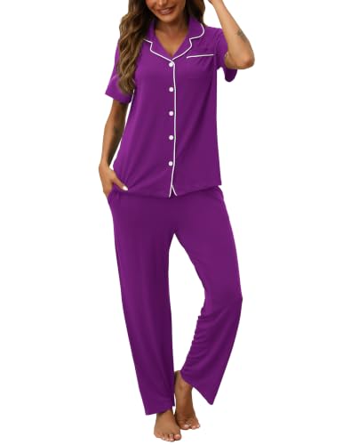 Image of HNG Women Pajamas Set 2 Piece Button Up Pajamas Pant and Short Sleeve Shirt for Woman Pj Sets with Pocket