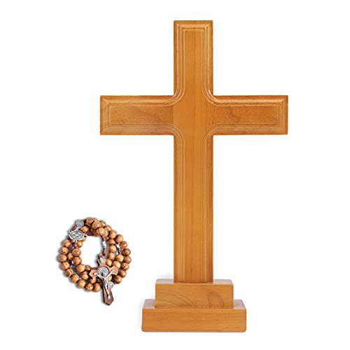 VINETEN Wooden Standing Cross 11.4 Inch with Crucifix Rosary Beads, Religious Handmade Cross for Altar Table, Church, Home