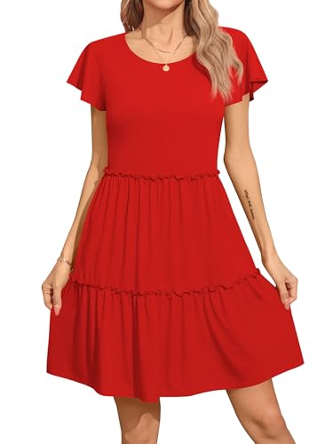 Missufe Damen Sommer Freizeitkleider Babydoll Flatterärmel Rundhals Gestuftes Strandkleid A-Linien Swing Kleid (Großes Rot, Mittel)