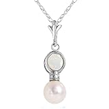 Galaxy Gold 2.59 Carat 14k 14' Solid White Gold Necklace with Natural Opal and Freshwater-Cultured Pearl Pendant