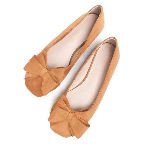 LUXINYU Women's Slip on Flats,Square Toe Solid Classic Shallow Bow Knot Ballet Dance Shoes Soft Comfortable Suede Work Flat Shoes4