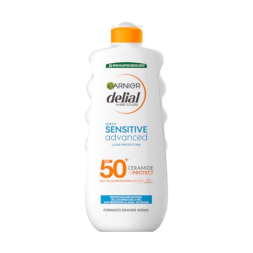 Garnier Delial Sensitive Advanced Leche Protectora Solar Formato XXL Familiar. Ceramide Protect: mantiene la piel hidratada y la función barrera intacta. 0% pegajoso, 0% graso.