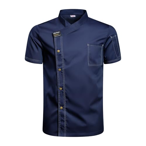 Chaqueta Chef para Hombres y Mujeres Camisa de Cocinero de Manga Corta, Uniforme de Cocina Transpirable,Ropa de Trabajo(Blue,4XL)