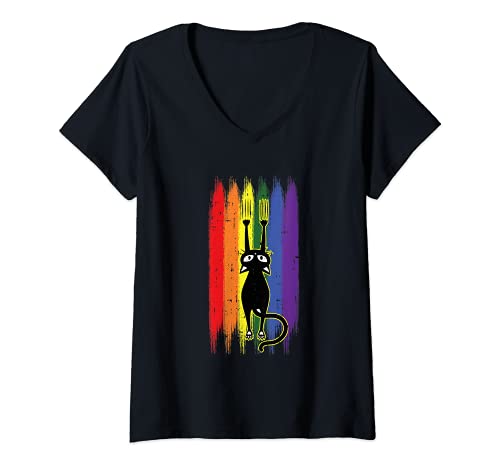 Womens Cat Scratching Gay Pride Funny Kitten Paw Proud LGBT-Q Ally V-Neck T-Shirt, Black