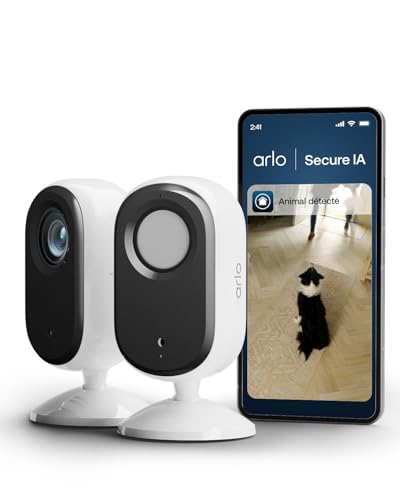 Arlo Essential 3 Indoor FHD, Caméra de Surveillance WiFi Intérieure pour Animaux de Compagnie, Vision Nocturne, Audio bidirectionnel, avec obturateur d'objetif, Essai Secure Inclus, 2 Caméra Blanc