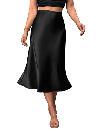 SweatyRocks Women's Midi Satin Skirts Elegant High Waisted Cocktail Party Flowy Skirt