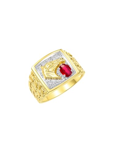 Image of Rylos Men's Yellow Gold-Plated Sterling Silver Lucky Nugget Horse Head Ring with 6X4MM Gemstone and Diamonds - Birthstone Elegance for Men, Sizes 8-13 Available