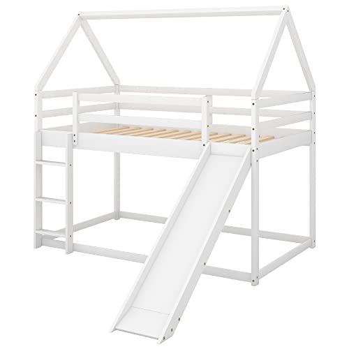 image for Bellemave Twin Over Twin House Bunk Bed with Slide,Floor Bunk Beds wit