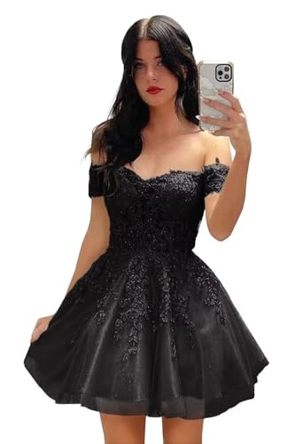 Lace Applique Short Homecoming Dresses for Teens Glitter Tulle Cold Shoulder Formal Prom Cocktail Gown