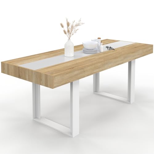IDMarket - Table à Manger Extensible Rectangle Phoenix 4-8 Personnes Bois et Blanc Bande Centrale Blanche 160-200 cm