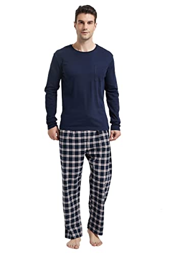 Amaxer Pijama de Dos Piezas para Hombre Conjunto de Pijama de Franela Ropa de Dormir Top de Manga Larga con Bolsillos Pantalones de Pijama con cordón, Cuadros Negros 01 S