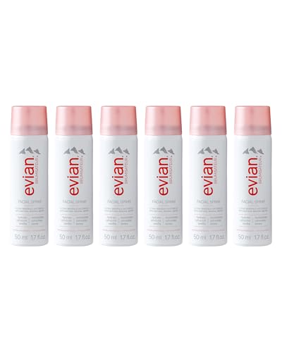 Evian Facial Spray 1.7 oz Travel 6-Pack - Hydrating Mineral Water Mist for Face & Skin - Refreshes Makeup and Tones Skin - TSA-Approved Mini Facial Spray Set for Daily Skincare Hydration