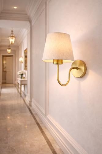 Image of Elegant Wall Lamp with Fabric Shade & Gold Metal | E-27 Holder Base and Bulb | Classic Indoor Wall Lamp for Bedroom, Living Room & Hallway(Without Bulb).