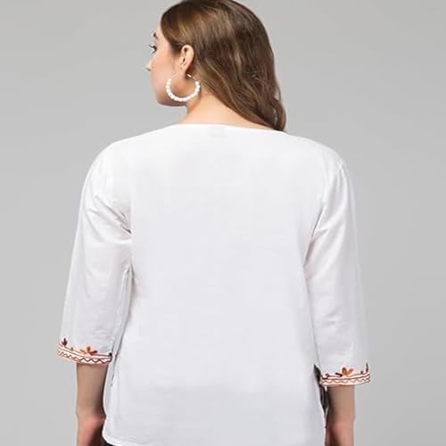 Image of Ukal Hand Embroidered Summer Fashion Chikankari Cotton Short Top Tunic Kurti for Women & Girl's