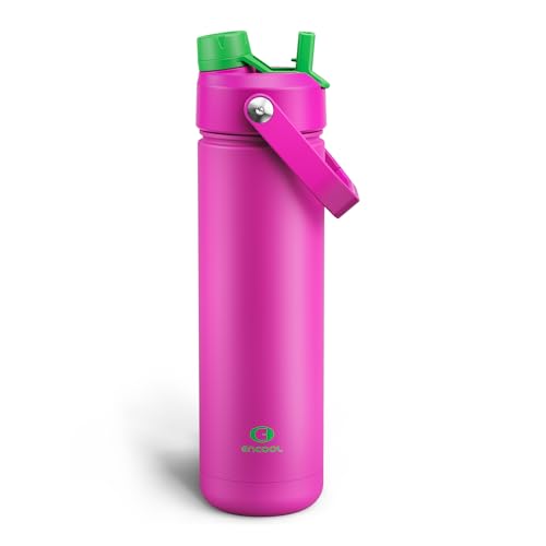 Image of ENCOOL Insulated Water Bottle with Straw Stainless Steel Water Bottle, Leak-Proof, BPA-Free, Double Wall Vacuum Keeps Cold for 24 Hours for Sports, Travel, School (26 oz, Knockout Pink)