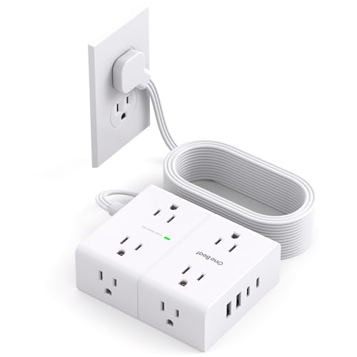 10Ft Extension Cord with Multiple Outlets, Flat Plug Surge Protector Power Strip 10 Ft Long Cord, 8 Outlets & 4 USB Ports (2 USB C), 900J Desk Charging Station for Home Office, College Dorm Essentials