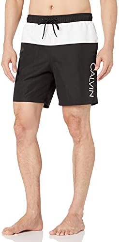 Calvin Klein Men's Standard Elastic Waist Quick Dry Swim Trunk, Black Colorblock, Small