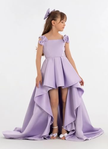 Satin Pageant Dresses for Girls High Low Flower Girl Dress with Bow Sleeveless Junior Bridesmaid Party Formal Gown4