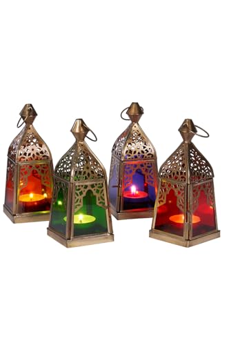 Juego de 4 farolillos orientales Basil multicolor, 16 cm, portavelas oriental de metal y cristal, en 4 colores, farol de cristal marroquí para exteriores como farol de jardín