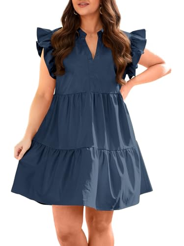 Image of Fisoew Plus Size Dresses for Women Summer Ruffle Short Sleeve V Neck Dress Tiered Swing A Line Babydoll Mini Dress
