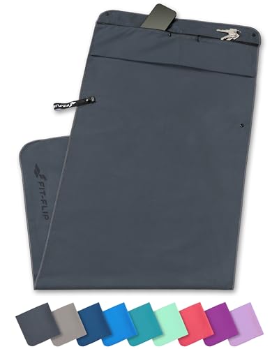 Fit-Flip Fitness Handtuch aus Mikrofaser - mit Magnet und Reißverschluss Tasche - Fitnesshandtuch für Sport und Gym - Kompakt & Schnelltrocknend - Sporthandtuch Fitnessstudio - Dunkelgrau - 130x48cm