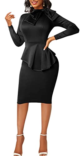 Image of Women's Fashion Peplum Bodycon Dresses Short Sleeve Bow Club Ruffle Pencil Party Dress