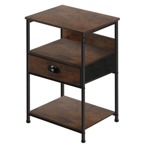 FURWOO Mesita de Noche con Almacenamiento de 3 Niveles Mesita de Noche Industrial con cajones Adecuada para Dormitorio Sala de Estar (Marrón rústico)