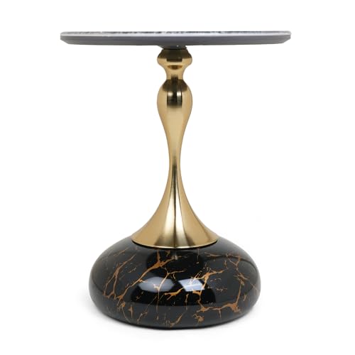 Image of Round Side Table with Marble Top, Brushed Golden Pedestal Base, Metal Base with Marble Effect, Modern Accent Table for Living Room, Bedroom (Midnight Black)