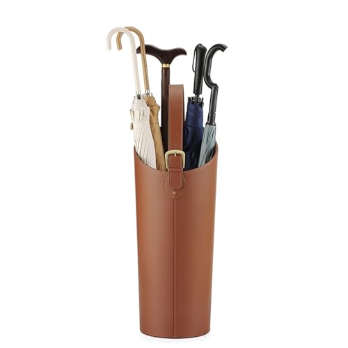 ARTSZY Large Capacity Leather Umbrella Stand, Holds 10 Umbrellas, Oval Shape, Removable Drip Tray, Brown, 20X57cm/7.9x22.4in