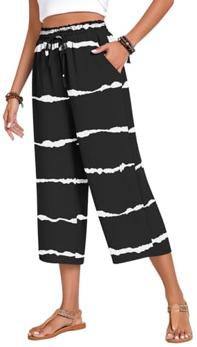 Image of Anyhold Women's Capri Pants Drawstring Casual Palazzo Trousers with Pockets Loose High Waisted Wide Leg Lounge Pants