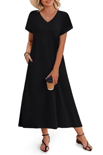 Image of Zeagoo Women Summer Floral Dress Short Sleeve Beach Dress with Pockets Casual V-Neck Split Long T-Shirt Dress Travel Vacation