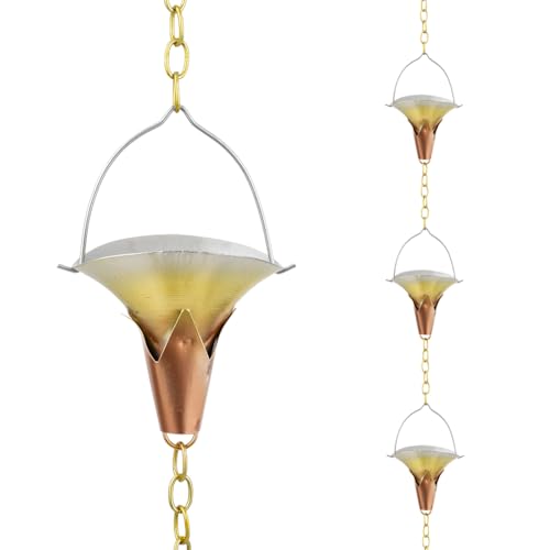 Qipade 8.5 FT Rain Chain, Metal Rain Gutter Chains with 10 Morning Glory Shaped Cups, Adjustable Metal Rain Catcher Chain for Eaves Drainage, Replacement for Downspout