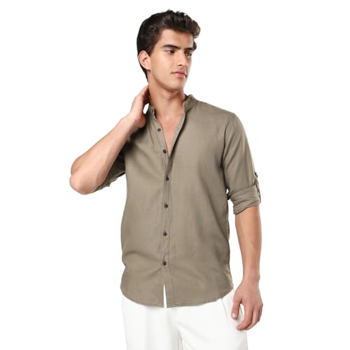 Image of Urbano Fashion Men's Linen Blend Full Sleeve Relaxed Fit Mandarin Collar Casual Solid Shirt