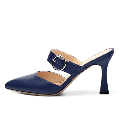 Kitten Heels Mules for Women Buckle Pointed Closed Toe Stiletto Heel Mules Pumps Slip-On Sandals for Business and Daily Wear 2.5inch2