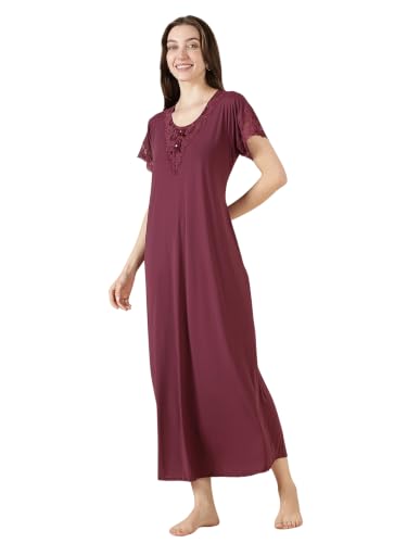 Image of 9shines Label Stylish Soft Modal Maxi Nighty | Honeymoon Nighty | Full Length Trendy Nightgown | V-Neck Lace | Premium Nightdress | Soft Long Nightdress | Maxi Gown Nightwear for Women (Malai Satin)