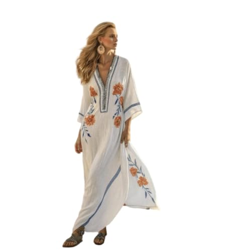 Robe d'été mi-longue fleurie à col en V et manches courtes SMYDM