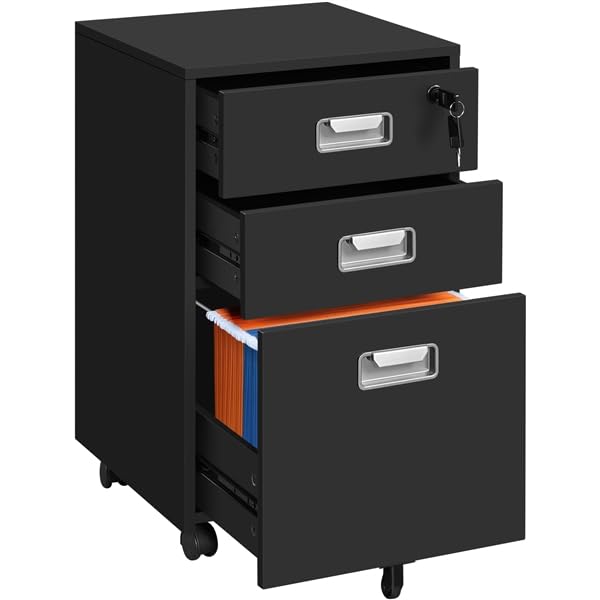 Yaheetech Caisson de Bureau Mobile avec 3 Tiroirs, Verrouillable, Rangement Bureau pour Document A4/Lettre, Dossier Suspendu, Support d'Imprimante à...
