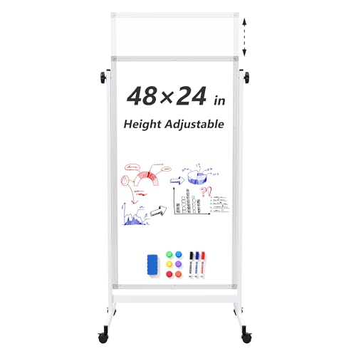 Image of Large Rolling Whiteboard on Wheels, 48 inch x 24 inch Height Adjustable Mobile White Board with Stand, 4' x 2' Portable Standing Magnetic Dry Erase Board Easel for Home Office Classroom School, Silver