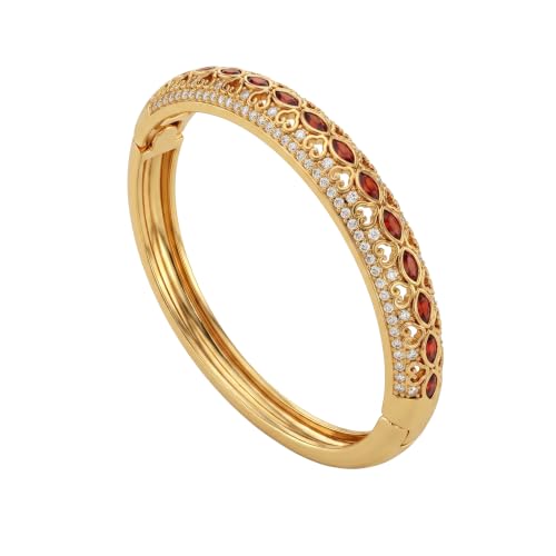 VELANE 18K Gold Plated Bangle with Ruby Red Stones heart-shaped gold frames