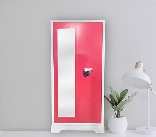 Image of MKFURNITURE Steel Almirah Wardrobe 2 Door with Mirror Cupboard | Wardrobe Storage Rack Closest Organizer for Clothes | 1 Hanging Space and 2 Drawer | Modern Storage Wardrobe (Red)