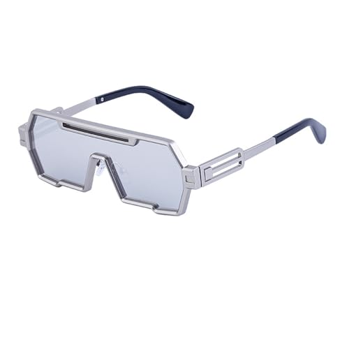 Junsika Retro Steampunk Sunglasses for Men Trendy Cool Design One Piece Irregular Metal Frame Silver Sunglasses