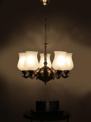 Image of Devansh 05 Lights Milky White Glass Shade with Antique Golden Chandelier -Q